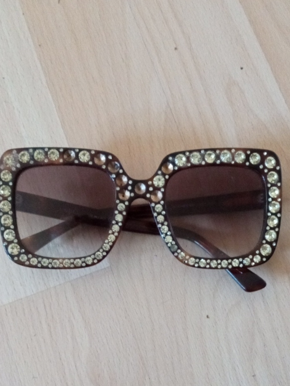 Rhinestone Embellished Brown Square Sunglasses - Gucchi GG0148S